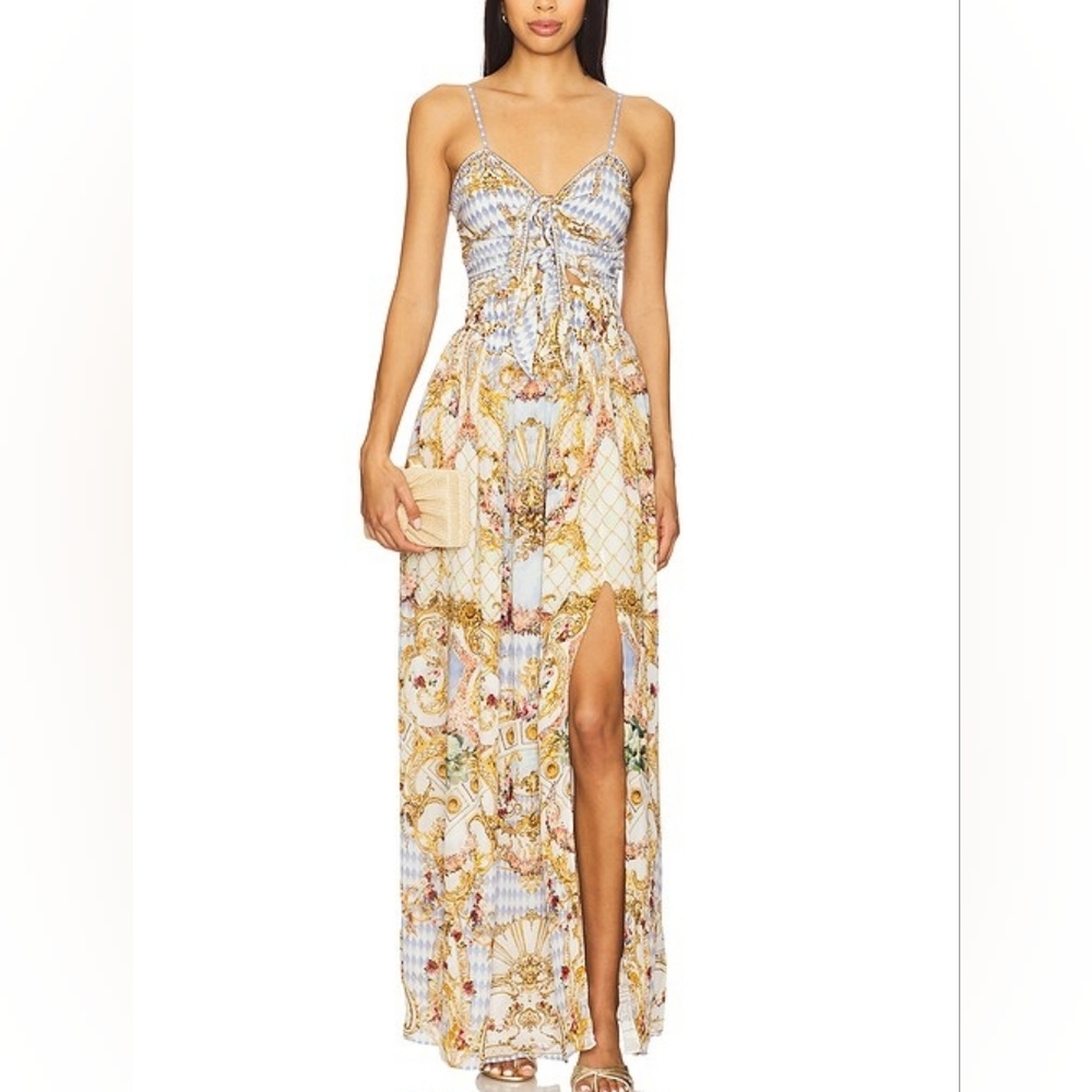 Camilla Cream, Gold and Light Blue Maxi Dress with Side Slit